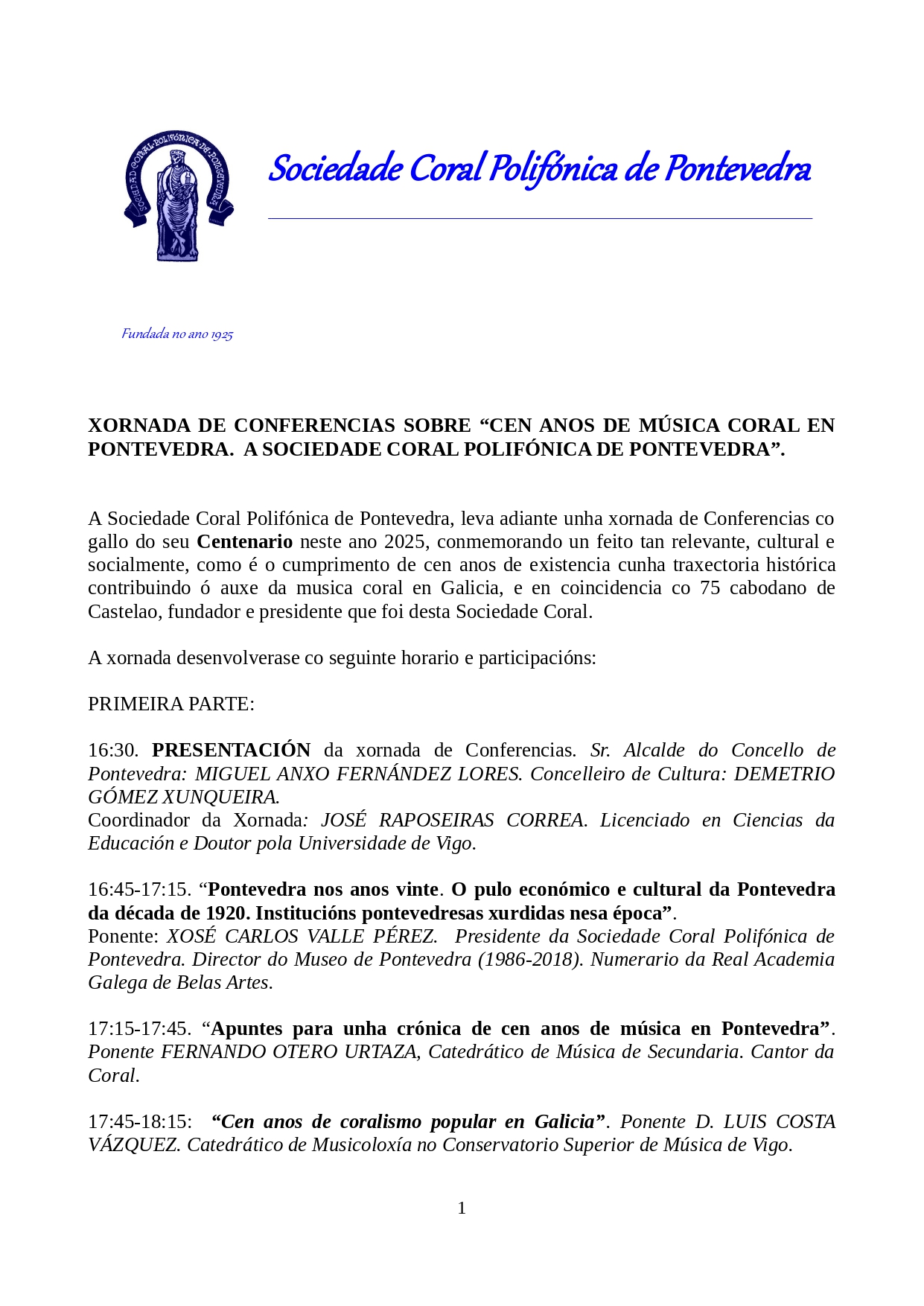 O centenario da Coral Polifónica de Pontevedra